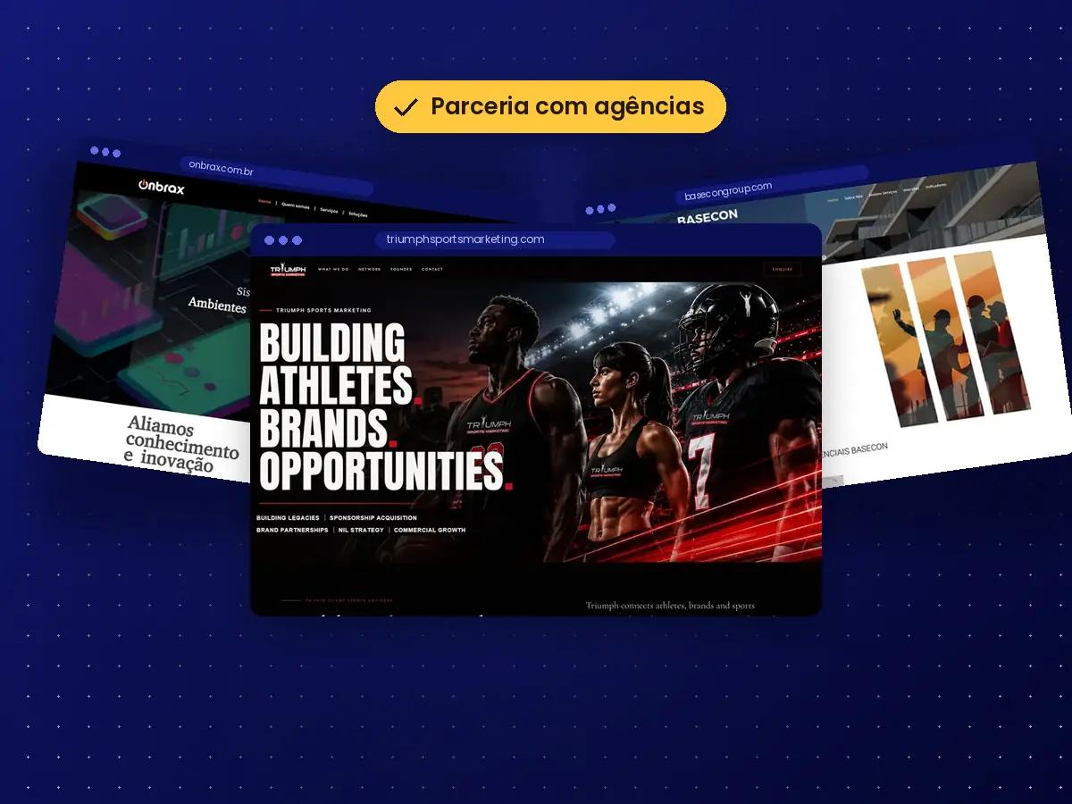 Sites da Triumph Sports Marketing, Onbrax e Basecon Group lado a lado, representando projetos em parceria