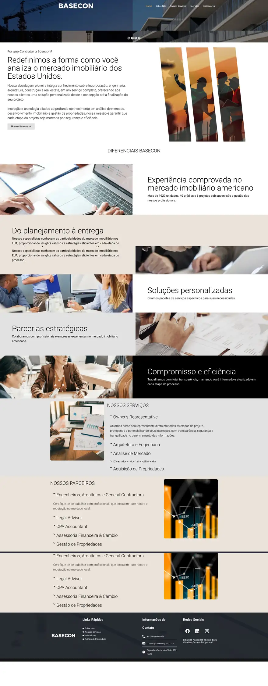 Página inicial do site Basecon Group, site institucional para mercado imobiliário (EUA), desenvolvido pela Marvin