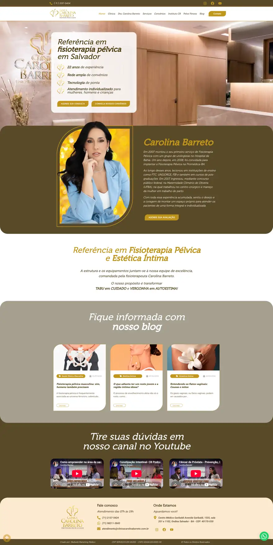 Página inicial do site Clínica Carolina Barreto, site institucional para fisioterapia pélvica, desenvolvido pela Marvin
