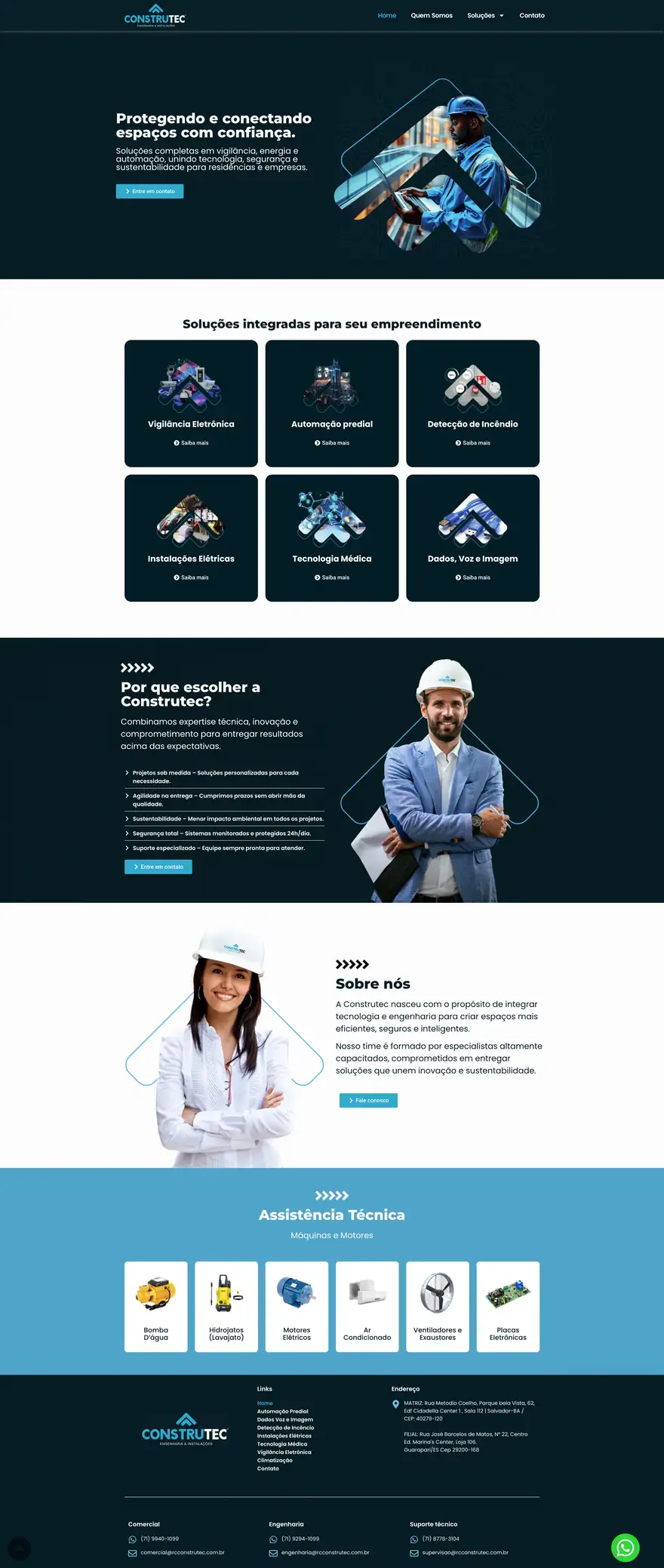 Página inicial do site Construtec Engenharia, site institucional para engenharia e instalações, desenvolvido pela Marvin