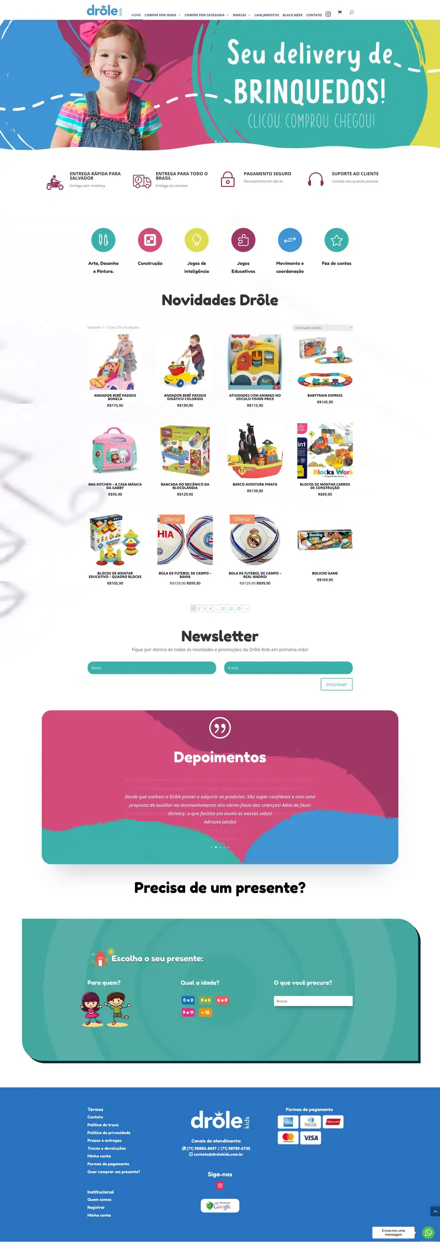 Página inicial do site Drôle Kids, loja virtual para brinquedos, desenvolvido pela Marvin