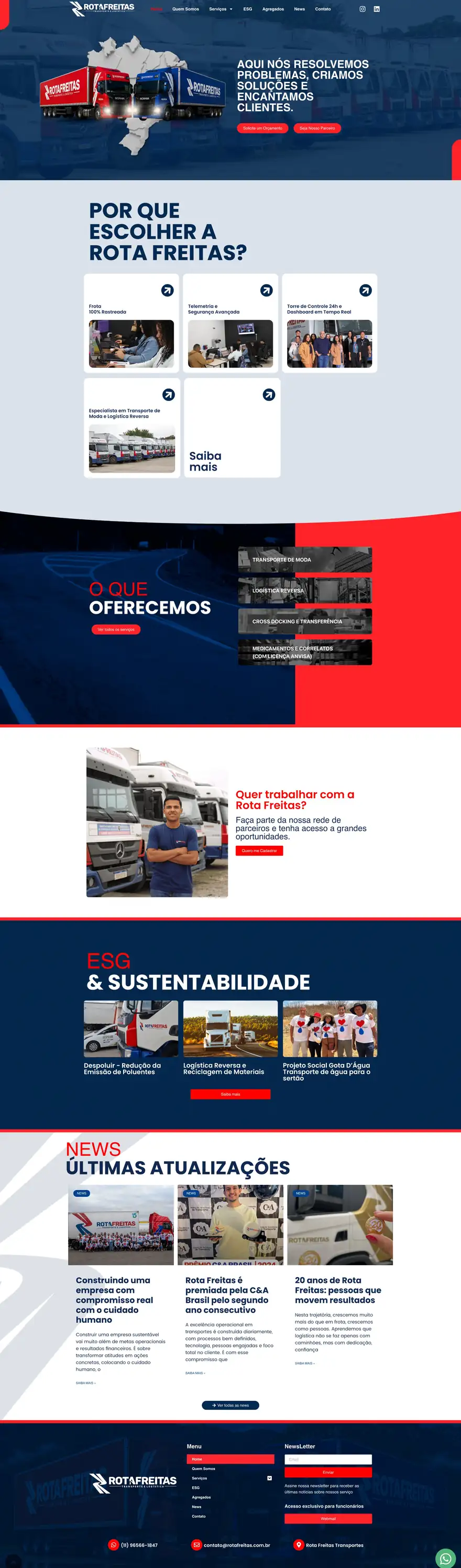 Página inicial do site Rota Freitas, site institucional para transporte e logística, desenvolvido pela Marvin
