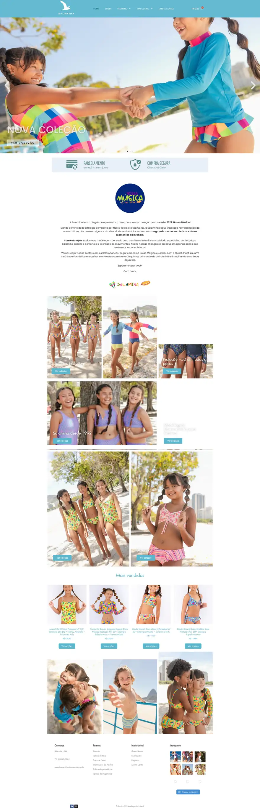 Página inicial do site Salamina Kids, loja virtual para moda praia infantil, desenvolvido pela Marvin